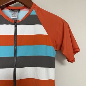 Tommy Bahama Women's Rash Guard S Striped Short Sleeve Swim Shirt Zip MSRP $94